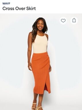 WAYF Ribbed Cross-Over Midi Skirt in Burnt Orange